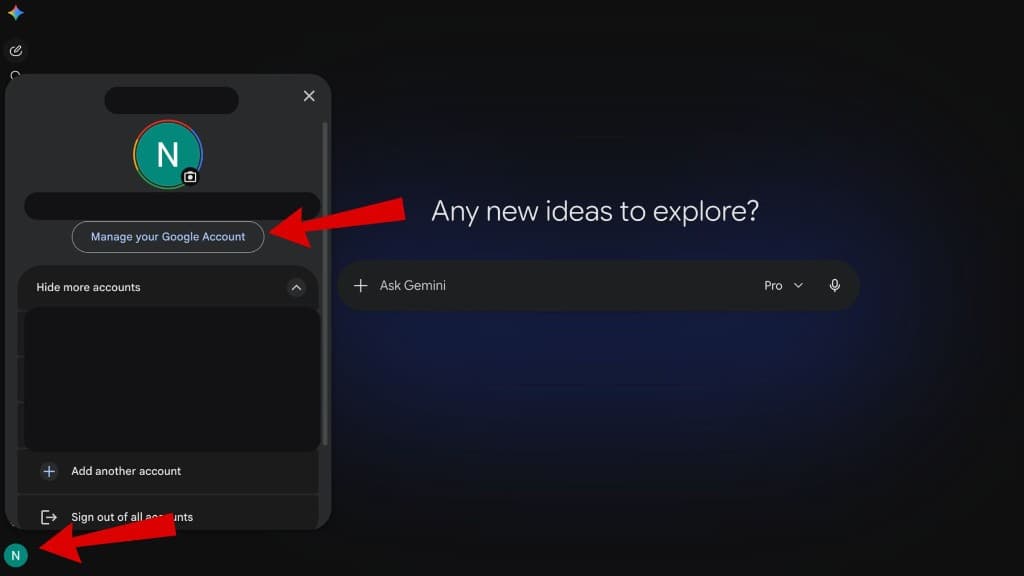 Gemini дээр профайл дарж Manage your Google Account сонгох